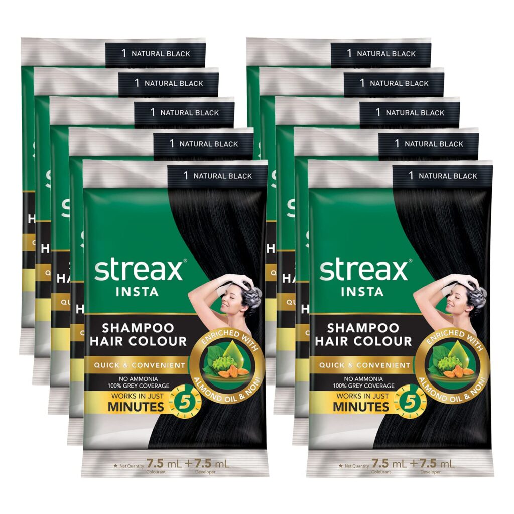 Streax Insta Shampoo Hair Colour Natural Black, 15ml (Pack of 10) 1